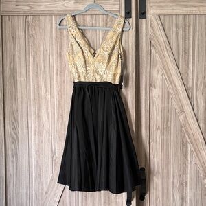 Vera Wang Gold Floral and Black Midi Dress